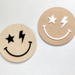 Happy Face Sign | Rad Smiley Sign | Wall Decor | Retro Decor | Childrens room decor | wooden sign | Boho Decor | Lighting Bolt | Cool Kids