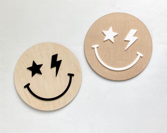 Happy Face Sign | Rad Smiley Sign | Wall Decor | Retro Decor | Childrens room decor | wooden sign | Boho Decor | Lighting Bolt | Cool Kids