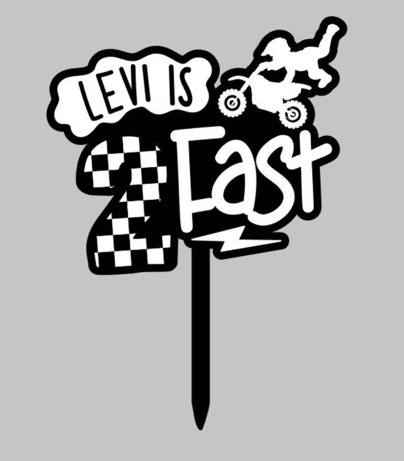 Layered acrylic 'Two Fast' second birthday cake topper with checkered flag pattern and dirt bike motif, on a gray background