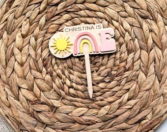 Rainbow First Birthday Cake Topper – Personalized Wood & Acrylic