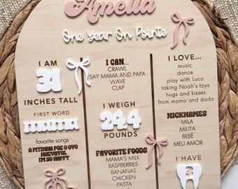 May include: Wooden milestone board for a one-year-old named Amelia. The board features the text "Amelia One Year On Pointe" and includes details like height (31 inches), weight (24.4 pounds), favorite foods, and nicknames.