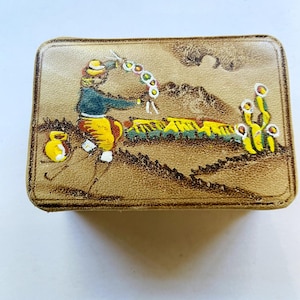 Vintage Ecuador Trinket Box Hand Painted Cowboy Lasso Scene Western Keepsake Box