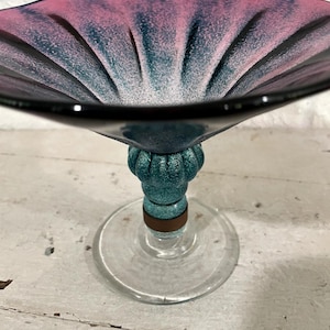 Gesigneerde Studio Art Glass Decoratief Schip Amethist Teal Leren Accentkom