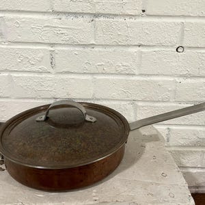 Vintage Norway Copper Clad Stainless Sauté Pan w Lid MCM Scandinavian Cookware