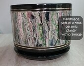 Ceramic Planter Pot Black Green Pink with drainage Handmade One of a kind Container Unique Lava Cells Plants Large
