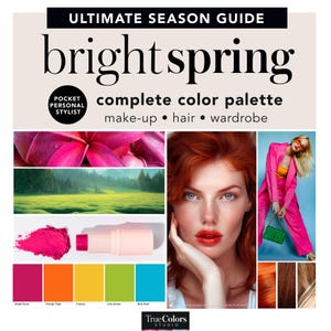 Könnte beinhalten: Ein Farbpaletten-Leitfaden für die Saison Heller Frühling. Die Palette umfasst Farbtöne von leuchtendem Rosa, Orange Tiger, Freesie, Limettengrün und Blauer Nebel. Der Leitfaden zeigt auch eine Frau mit roten Haaren und ein Model, das einen leuchtend pinken Anzug trägt.