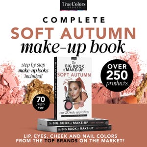 May include: A book titled "The Big Book of Make-Up: Soft Autumn" with a woman's face on the cover. The book is pink and white and has a picture of a lipstick and blush on the cover. The book is surrounded by pink and gold makeup swatches. The text "Over 250 products" is in a white circle on the right side of the image.