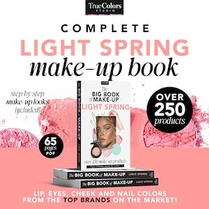 Könnte beinhalten: Ein digitaler Leitfaden für Make-up für die Farbsaison Light Spring. Das Cover zeigt eine Frau mit heller Haut und blonden Haaren, die Make-up trägt. Das Buch enthält über 250 Produkte und 65 Seiten mit Schritt-für-Schritt-Make-up-Looks.