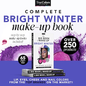 Puede incluir: Un libro de maquillaje morado y rosa titulado "The Big Book of Make-Up: Bright Winter" con una cara de mujer en la portada. El libro incluye más de 250 productos y 65 páginas de looks de maquillaje paso a paso.