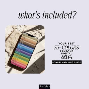 May include: A smartphone displays a digital color palette with over 75 colors, including a matching guide. The text "what's included?" is at the top. The image is on a textured surface with the True Colors Studio logo at the bottom.