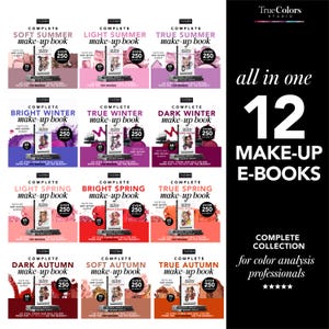 May include: A collage of 12 colourful make-up book covers, each featuring a different season and colour palette. The text "True Colors Studio" and "all in one 12 MAKE-UP E-BOOKS" is displayed on the right side of the image. The text "COMPLETE COLLECTION for colour analysis professionals" is displayed at the bottom of the image.