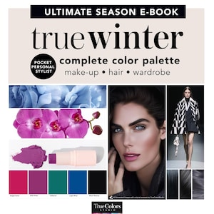 Puede incluir: Una guía de paleta de colores para la temporada de color "invierno verdadero". La guía incluye el rostro de una mujer, una flor y una muestra de color de lápiz labial. El texto "invierno verdadero" está en letras grandes y negritas. El texto "paleta de colores completa" está en letras más pequeñas. El texto "maquillaje, cabello, vestuario" está en letras aún más pequeñas.