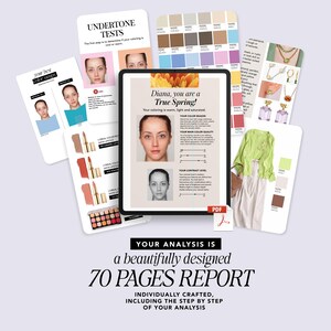 May include: A digital tablet displays a personalized color analysis report, surrounded by color swatches, makeup samples, and a green cardigan. The report is titled "Diana, you are a True Spring!" and includes the text "70 PAGES REPORT".