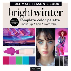 Análise de cores brilhantes para a estação de inverno Paleta de maquiagem de inverno transparente Ideias para guarda-roupas com cores de cabelo Amostras de cores Guia de amostras de inverno transparentes E-book