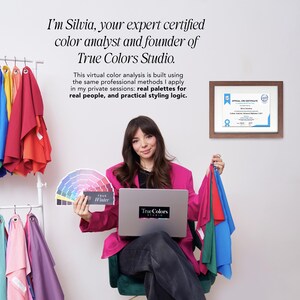 May include: A woman in a pink blazer holds a laptop with the True Colors Studio logo, a color palette, and fabric swatches. Text reads "I'm Silvia, your expert certified color analyst and founder of True Colors Studio."