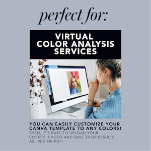 May include: A woman sits in front of a computer screen, looking at a colour analysis chart. The screen shows a colour wheel with different shades of colours. The text on the screen reads "Virtual Colour Analysis Services". The text below the image reads "You can easily customise your Canva template to any colours! Then, it's easy to upload your clients' photo and save their results as JPEG or PDF!"