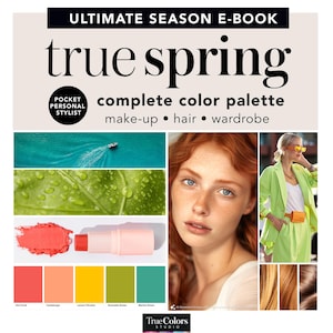 May include: A colour palette guide for the True Spring colour season. The guide includes a woman with red hair, a lipstick, and a colour swatch of the colours: Hot Coral, Cantaloupe, Lemon Chrome, Grenadine Green, and Marine Green. The text "True Spring" is in large letters at the top of the image.