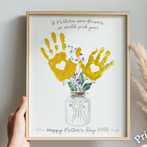 Flores con huellas de manos para el Día de la Madre, manualidades para niños en edad preescolar, regalo imprimible para mamá, plantilla rápida para guardería o preescolar