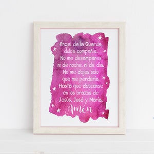 Pintura de Acuarela Oración para Niñas, Regalo de Bautizo Bebe, Angel de la Guarda, Arte Católico Rosado Morado
