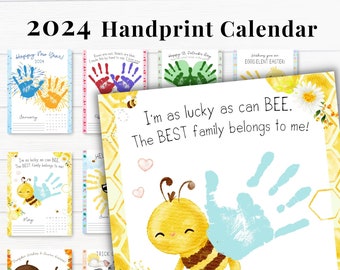 2024 Handprint Calendar, Wall Calendar Printable Template Set with Holidays, Kids Craft Gift for Grandparents