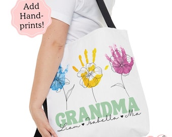 Regalo personalizado del jardín de las abuelas con nombres de nietos y flores con huellas de manos, regalo de jardinería personalizado para el Día de las Madres, bolso de mano de los nietos