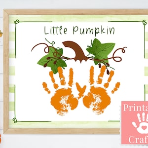 Pequeña calabaza otoño artesanía DIY, huella de bebé o huella de mano de niños guardería personalizada imprimible