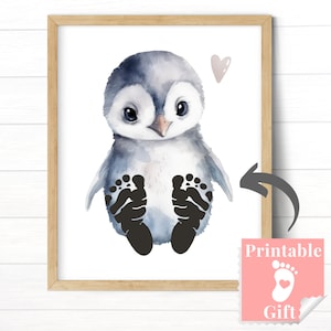 Pinguin Fußabdruck Handwerk für Babys, Geschlechtsneutrales Kinderzimmer Dekor, Monochrome Tier Wandkunst für Jungen oder Mädchen, Geschlechtsneutrales Baby Geschenk