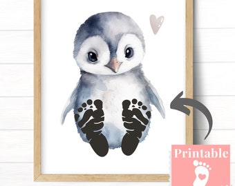 Penguin Footprint Craft for Babies, Gender Neutral Nursery Decor, Monochrome Animal Wall Art for Baby Boy or Girl, Gender-Neutral Baby Gift
