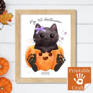 Dibujo de huellas de Halloween para niña, linda manualidad imprimible de otoño para bebés de guardería, recuerdo del primer año de octubre