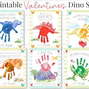 Imprimibles de San Valentín de dinosaurios, tarjetas del día de San Valentín para niños, manualidades de dinosaurios para niños pequeños, arte con huellas de manos, regalos de San Valentín preescolares para jardín de infantes