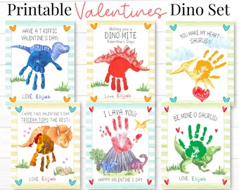 May include: Printable Valentine's Day cards featuring dinosaur handprint designs. The cards have different dinosaur designs and sayings like "Have a T-riffic Valentine's Day!" and "You Make My Heart -Saurus!"