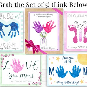 May include: Set of five printable Mother's Day cards featuring handprint designs. The cards include phrases like "Best Mom in the World", "Hands Down", "I Love You With All My Heart", "Love You Mom", and "I Love You To The Moon".
