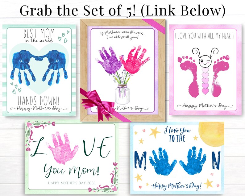 May include: Set of five printable Mother's Day cards featuring handprint designs. The cards include phrases like "Best Mom in the World", "Hands Down", "I Love You With All My Heart", "Love You Mom", and "I Love You To The Moon".