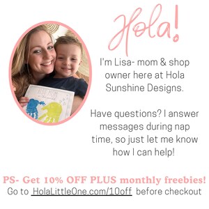 May include: A woman and a child are in a pink oval frame. The woman holds a drawing that says "Best Mom in the world" with handprints. The text "Hola!" is above the text "I'm Lisa- mom & shop owner here at Hola Sunshine Designs."