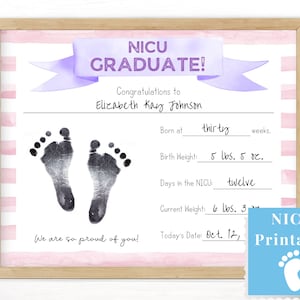 Baby Girl NICU Graduate Certificate for Mom and Dad, Preemie Footprint Sign, Stats with Birth Date, Weight