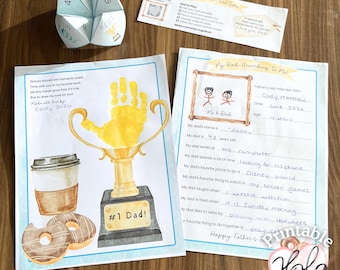 May include: A printable Father's Day activity set including a paper fortune teller, an instruction card, a trophy-themed handprint art sheet with a coffee cup and donuts, and a My Dad According To Me interview questionnaire sheet.