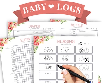 Printable New Mom Planner Sheets, Set of 4 Prints, Baby Trackers for Breastfeeding, Bottles, Sleep Log and Diapers