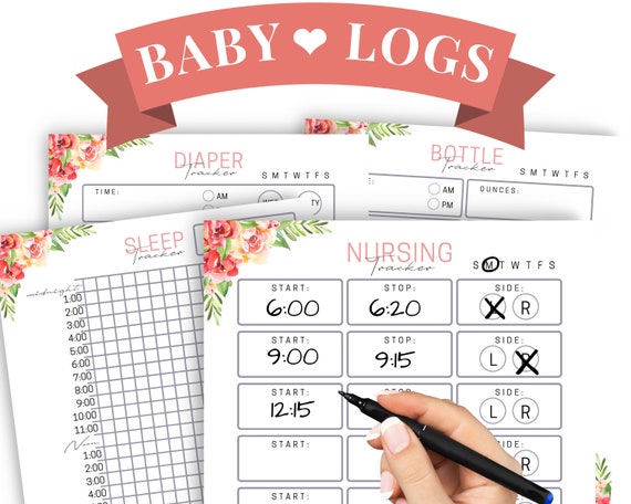 Printable New Mom Planner Sheets, Set of 4 Prints, Baby Trackers for Breastfeeding, Bottles, Sleep Log and Diapers