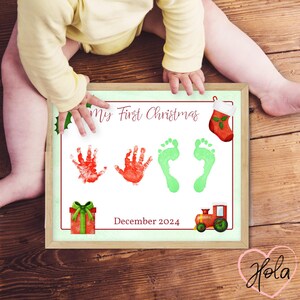 Empreinte de main artistique de mon premier Noël de bébé, carte de vœux personnalisée, souvenir souvenir pour nouveau-né 2024