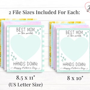 Two printable sizes are included for each handprint template. Print either 8.5 by 11 inches letter size or 8 by 10 inches.