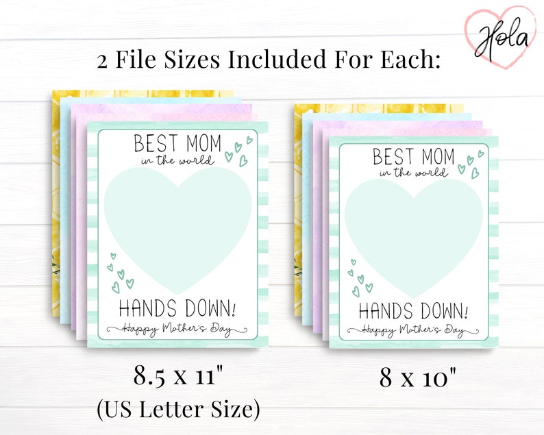 Two printable sizes are included for each handprint template. Print either 8.5 by 11 inches letter size or 8 by 10 inches.