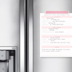 May include: A pink and white printable babysitter information sheet with sections for contact information, about the baby, schedule, and notes. The sheet includes the baby's name, Every Rose Smith, birth date, allergies, feeding times, nap/bedtime, and sleep routine. The notes section includes a message about bottles and snacks.