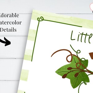 Op de afbeelding: Een aquarel-illustratie van een groene wijnstok met bladeren en bruine stelen. De tekst "Little" is geschreven in zwarte cursieve letters.