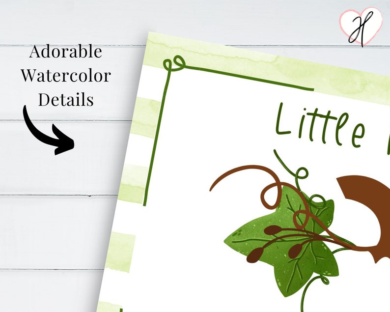 Op de afbeelding: Een aquarel-illustratie van een groene wijnstok met bladeren en bruine stelen. De tekst "Little" is geschreven in zwarte cursieve letters.