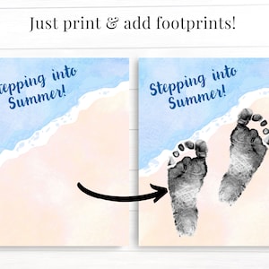 Op de afbeelding: Een printbaar baby-voetafdruk-kunstontwerp met een aquarel achtergrond van een strand en oceaan golven. De tekst "Stepping into Summer!" staat bovenaan het ontwerp. Het ontwerp is bedoeld om te worden afgedrukt en vervolgens baby-voetafdrukken aan het strand toe te voegen.