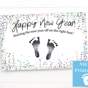 Cadeau de nouvel an pour la famille NICU, Footprint Art, Happy New Year Card, Ink Pad Stamp Premature Newborn Preemie