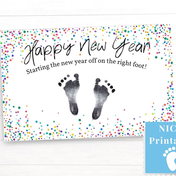 New Year Gift for NICU Family, Footprint Art, Happy New Year Card, Ink Pad Stamp Premature Newborn Preemie