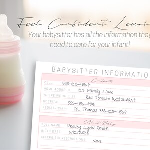 May include: A pink and white printable babysitter information sheet with the text "Feel Confident Leaving" at the top. The sheet includes sections for contact information, hospital information, pediatrician information, and baby information. The baby information section includes the baby's full name, birth date, and allergies/restrictions.