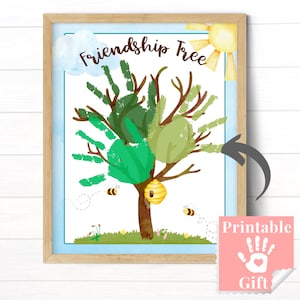 May include: Printable Friendship Tree craft with a handprint design. The tree has green leaves, a brown trunk, and a beehive. The text "Friendship Tree" is at the top of the image.