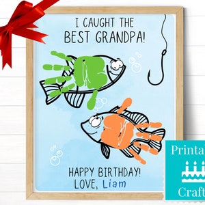 Biglietto di compleanno per la pesca per il nonno, artigianato artistico con impronte di mani, regalo di compleanno personalizzato da nipote o nipote, regalo last minute stampabile